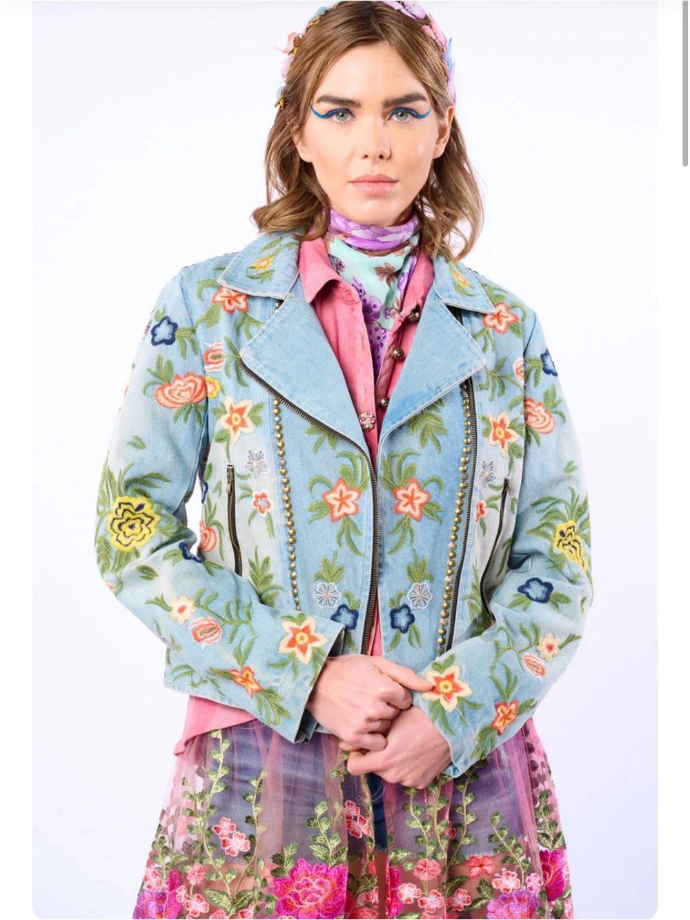 New Aratta Embroidered Light Blue Floral Moto Jacket